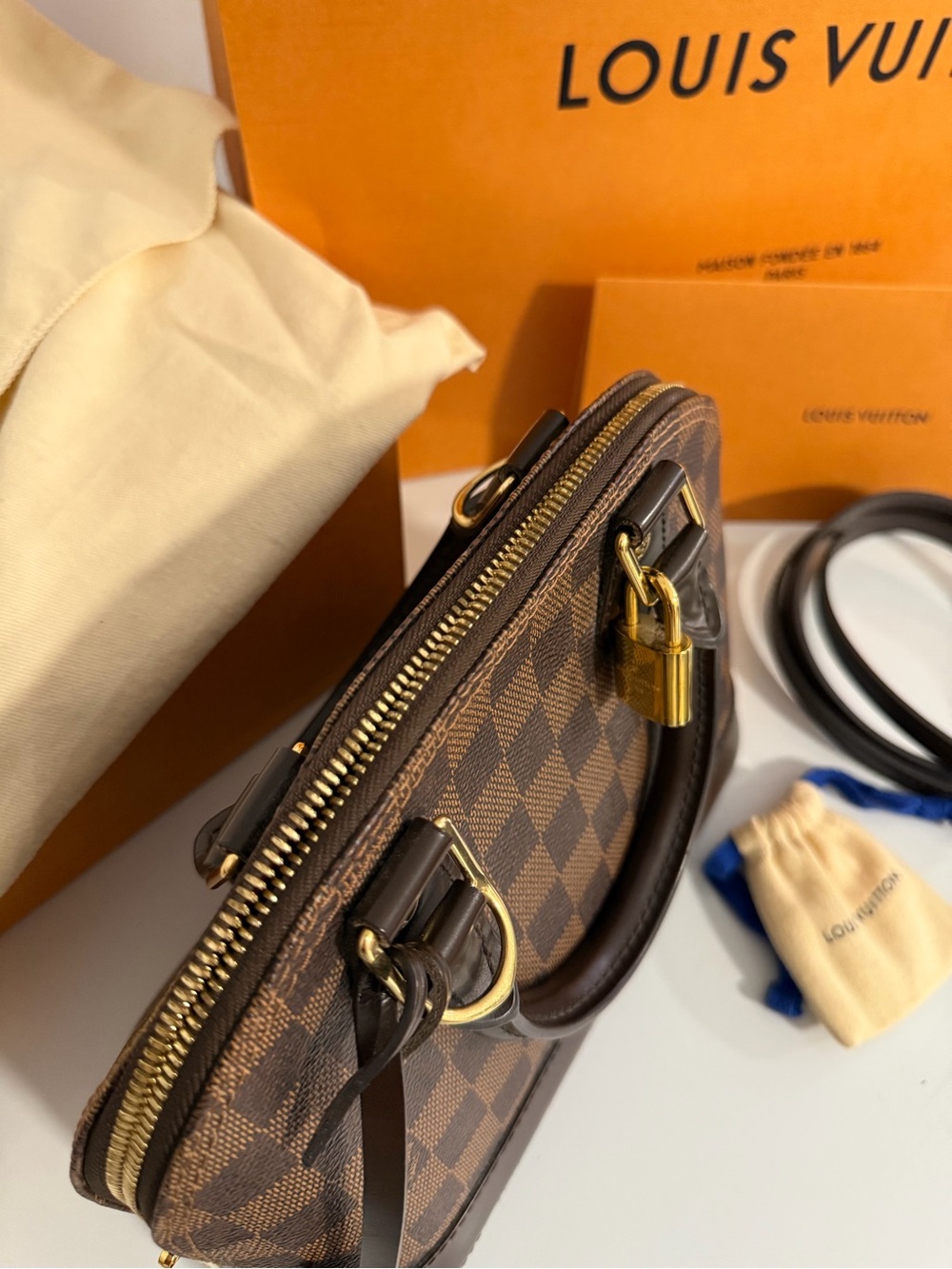 Louis Vuitton Damier Ebene Alma BB Satchel - Dark Brown & Gold - Picture 3 of 10